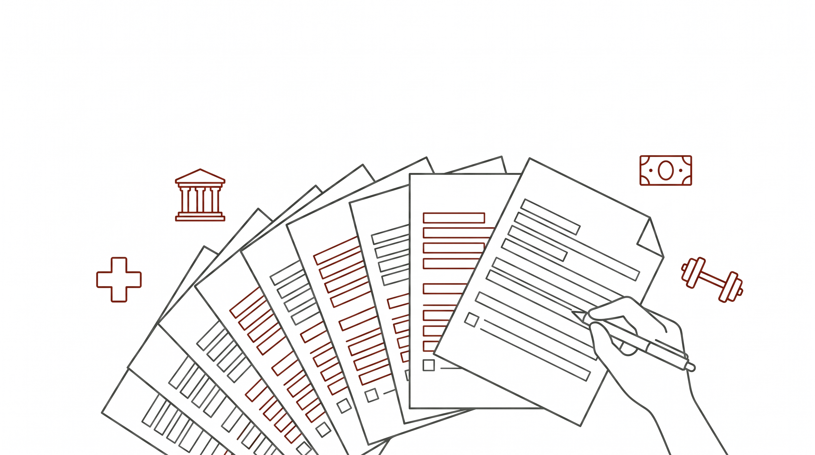 A wide fan of identical paper forms, the same fields highlighted in red on every one to show the exact same answers re-entered each time; a hand fills in the front form, with a medical cross, a government building, a banknote and a dumbbell floating around to mean every kind of place.